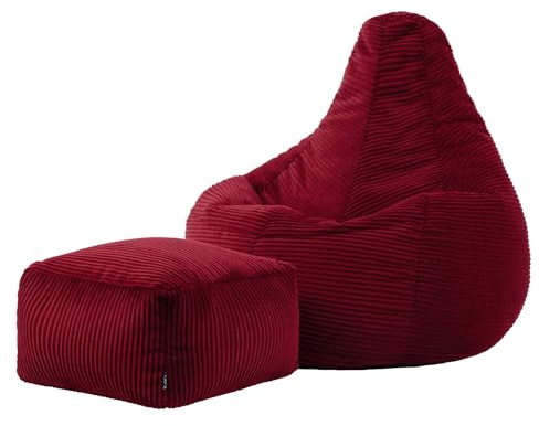 icon Dalton Cord Bean Bag Chair with Footstool, Burgundy, Large Adult Bean Bag with Filling Included, Comfy Chair, Living Room Furniture, Bedroom Furniture