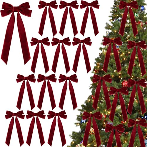 12 pcs Christmas Bows for Tree Decoration, Large Velvet Bows for Christmas Tree, Crafts Bow for Gift Wrapping, Xmas Trees Decorations, Xmas Velvet Ornaments Home Party Decor (Burgundy)