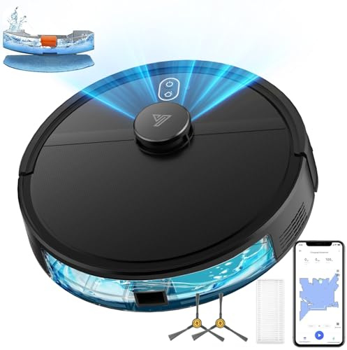 Saugroboter mit Wischfunktion bis zu 5000Pa LiDAR Navigation 5 Karten | 2 in 1 Staubsauger Roboter Sturzsicherung, Selbstladend, Teppichen mit Kurzem Flor und Harten Böden, App/Alexa-Schwarz