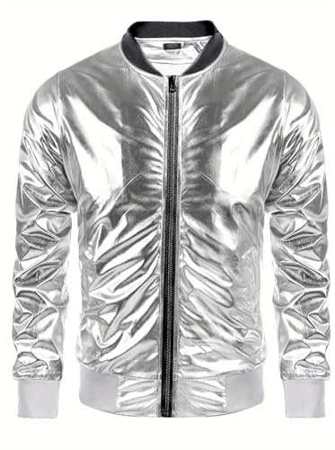Glitzer Jacket Herren Karneval Kostüm Silber Metallic Jacke Reißverschluss Sportjacke 80er Jahre Disco Outfit Herren-Jacken Langarm Glänzend Bomberjacke Mantel für Party, Hiphop, Nachtclub