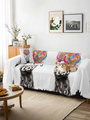 Funny Raccoon Sofa Cover Blanket Couch Covers for Armchair Cushion,Couch Sofa Silpcover with Tassel,Modern Abstract Art Colorful Clouds Living Room Bedroom Throw Towel Blanket Covers XX-L 71x150