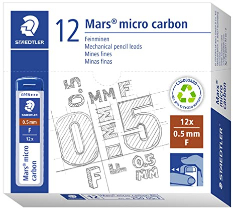 STAEDTLER 250 05-F Mars Micro Feinminen, Minendurchmesser 0.5 mm, F, 12 Stück, graphitgrau | Bruchfeste Feinminen für Druckbleistift – weiches Schreibgefühl – Art.-Nr. 250 05-F