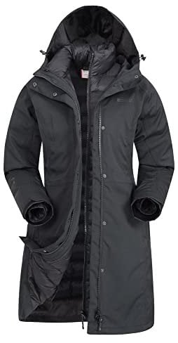 Mountain Warehouse Alaskan 3-in-1 Damen Winter Mantel - Lange, wasserdichte Winterjacke, Warme Steppjacke Innenjacke mit Reißverschluss & Kapuze Tiefschwarz Damengröße EU 38