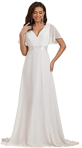 Ever-Pretty Damen Abendkleid Frau A-Linie Chiffon Brautjungfernkleid V Ausschnitt Hochzeit Bodenlang Weiß 40