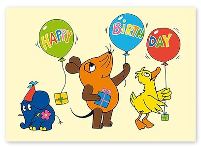 modern times Postkarte SENDUNG MIT DER MAUS - Motiv: HAPPY BIRTHDAY BALLONS, Anlass: Geburtstag, Künstler/Verlag SCHMITT-MENZEL/STREICH, Größe: A6