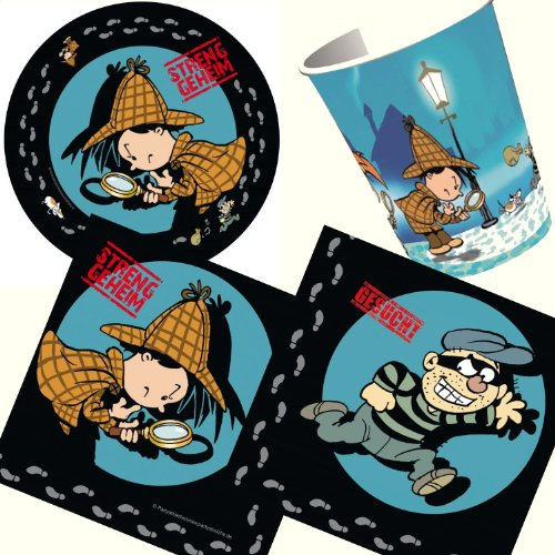 36-teiliges Partyset Detektiv Flo mit 8 Teller + 8 Becher + 20 Servietten + XXL-Konfetti // Kindergeburtstag Kinder Feier Set Fete Partygeschirr Deko Fest Kinder Geburtstag Party Mottoparty Motto Deko Sherlock Holmes