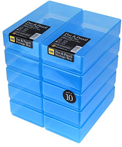 WestonBoxes Plastic Storage Boxes with Lids For Pens, Pencils and Stationery - 1.4 Litre Volume (Blue, Pack of 10)