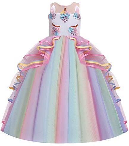 MYRISAM Princesse Fille Licorne Déguisement Robe de Anniversaire Cérémonie Soirée Halloween Carnaval Noël Fête Spectacle Mariage Longue en Tulle Robes Bal Multicolore 10-11