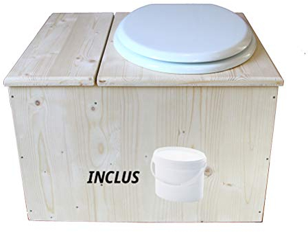 Toilette sèche en bois avec bac à copeaux intégré, seau 18L plastique - La bac blanche - Fabrication Française - N4