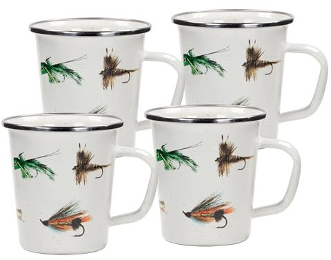 Golden Rabbit Enamelware - Set of 4-16oz Latte Mugs (Fishing Fly)