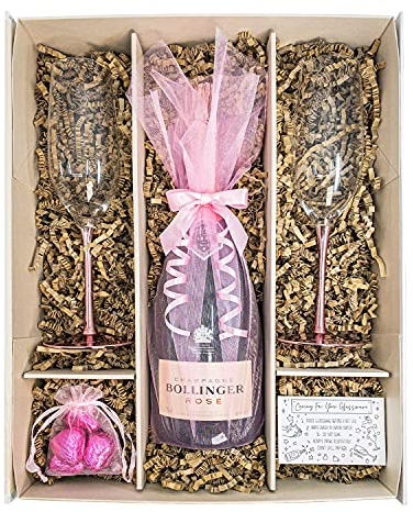 Bollinger Rosé Champagne 75cl Gift Set With 2 Metallic Rose Champagne Flutes, Belgian Chocolates and Gift Box - Champagne Gift For Women and Pink Fizz Lovers (Rosé Metallic Stems)