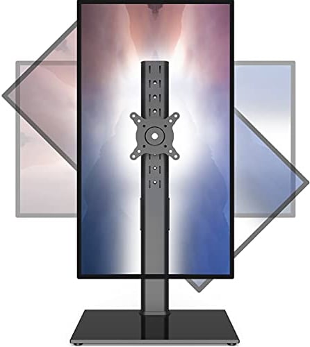 HT05B-003P Support de moniteur autonome avec bras incurvé pour écran de 68,6 à 109,6 cm Base en verre trempé inclinable de -15 ° à 10 ° Pivote à ± 45 ° Rotation à 360 ° Capacité de poids 35 kg