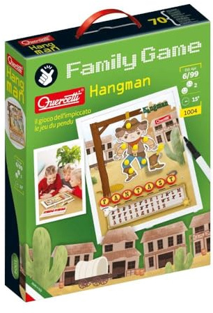 Quercetti Hangman Wortspiel - Klassisches 2-Spieler Familien-Brettspiel der Abziehung und Strategie, für alle Altersgruppen ab 6 Jahren