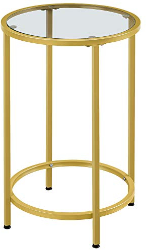 Yaheetech Round Side Table with Tempered Glass Top Accent Small Sofa Bedside End Table with Metal Frame for Living Room/Bedroom, Mustard Gold