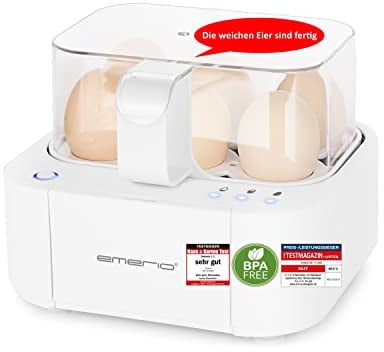 Emerio bester Eierkocher EB-115560 kocht alle drei Garstufen [weich|mittel|hart] in nur einem Kochvorgang mit perfektem Ergebnis und Sprachausgabe, einzigartig in Technik und Design, Modell 2022
