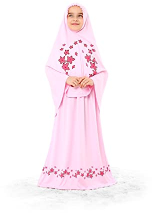 Elanesa Mädchen Gebetskleidung Kinder Islamische Kleidung Kleid Mädchen Zweiteilige Kleider Maxi Skirt, Langer Hijab und Rosenkranz Geschenk Blumen gedruckt (10-11, Rosa)