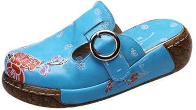 ticticlily Sabots Femme Compensées Clogs Mules Plates Plateforme Sandales en Cuir Eté Pantoufles Chaussures Confort pour Pieds Larges Bleu 38 EU