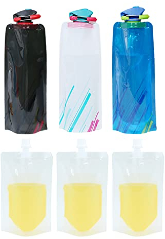 BEIIEB Pack of 3 700 ml Foldable Water Bottles, Portable Outdoor Drinking Bag for Hiking, Travel, Cycling, Fitness, Unisex, Reusable, with 3 Pieces Clear Hydration Bags