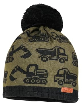 maximo Mini Boy-Mütze randlos, Pompon Baufahrzeuge Allover, Jerseyfutter Made in Germany 49 dunkelkhaki/schwarz