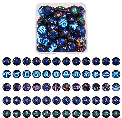Craftdady 60 Stück Glas Cabochons 25mm Halbrund 12 Konstellationen Perlen Sternzeichen Astrologie Flatback Dome Cabochon für Home Decor