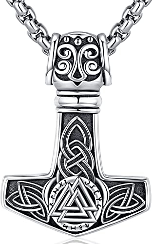Wikinger Kette Herren Halskette 925 Sterling Silber Thors Hammer Anhänger Halskette Wikinger Amulett Nordischen Mythologie Wikinger Anhänger Schmuck Geschenk für Herren Damen (A-Thors Hammer)