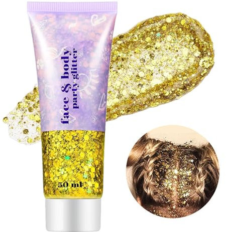 Go Ho Gold Face Body Glitter Gel 50ML,Singer Concerts Glitter Makeup,Holographic Long Lasting Chunky Sequins Glitters for Eye Lip Hair Nails,Festival Rave Accessories for Face Gems,02 Gold Glitter
