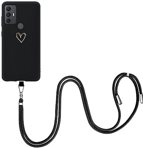 EuoDuo Cover Cordino per TCL 306 / TCL 305 / TCL 30 SE Cellulare Laccio Custodia con Nero Disegni Carino Silicone TPU Antiurto Protettivo Regolabile Corda Case - Cuore d'amore Oro