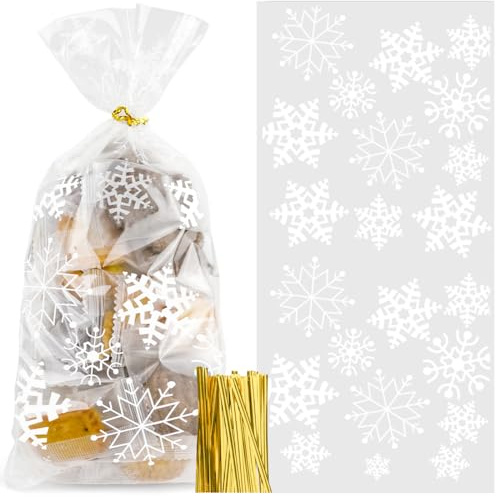 100 Stück Schneeflocke Weihnachten Plätzchentüten, Weihnachten Süßigkeiten Tüten mit 100 Twist Krawatten, Weiß Schneeflocke Süßigkeiten Tasche, Cellophantüten Klar für Süßigkeiten Bonbons Plätzchen