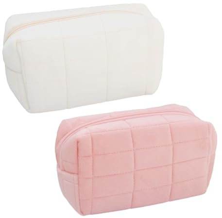 2 pezzi Checkered Cosmetic Bag, Plush Cosmetic Bag, Skin Care Bag, Travel Toiletry Bag, Portatile, Adatto per stoccaggio Cosmetic (rosa, bianco), rosa/bianco, 16*9*10cm, Carino