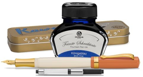 Octopus Kaweco Student Fountain Pen with 30 ml Fountain Pen Ink, Converter and Metal Case, 70's Soul, blue