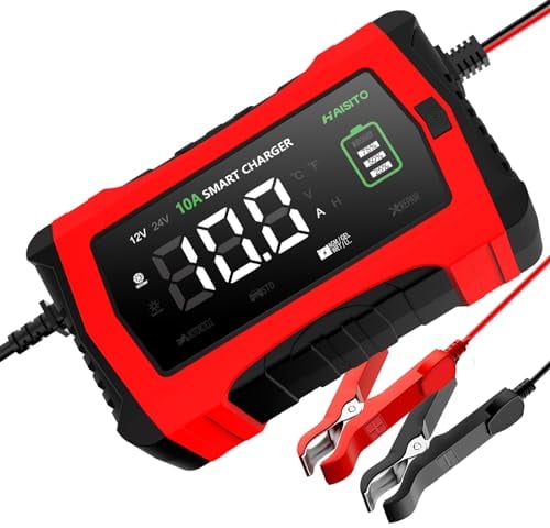 Haisito Caricabatterie per auto, caricabatterie intelligente, 12 V/24 V, 10 A, LiFePO4, con schermo LCD, compensazione della temperatura per auto