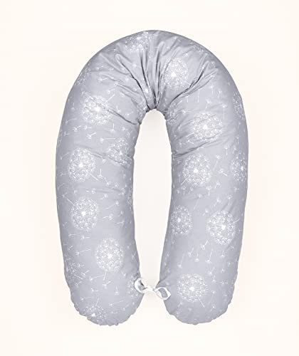 LOOLAY Schwangerschaftskissen - Stillkissen 170 cm - Seitenschläferkissen 100% Baumwolle - mit Abnehmbarem Bezug - Schwanger Kissen für Schlafen (Pustelblume Grau)