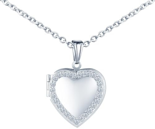 MICMIF Collana Personalizzato Ciondolo Medaglione Cuore Con Zirconia Cubica in Bianco, Verde, Rosso Foto Locket in Acciaio Inossidabile Per Mamma Donne e Ragazze, Ciondolo Portafoto Personalizzate