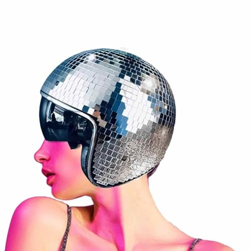 2024 Discokugel Hüte, Disco Dekor Helme mit Einziehbarem Visier, Glitzer Spiegel Glas Discokugel Hut Helm für Damen Herren DJ Club Bühne Bar Party Hochzeit Dance (Silber)