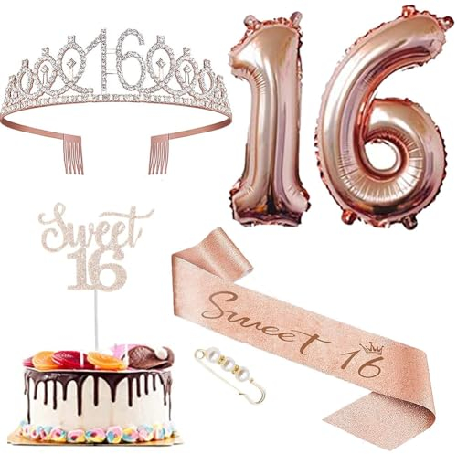 16 Geburtstag Krone Schärpe, Birthday Tiara für Mädchen, Strass Haarreif Kristall Haarschmuck 16 Geburtstag Party Ballons Kuchen Toppers Geburtstagparty Deko Zubehör für Prinzessin