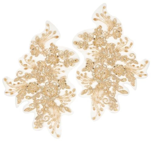 GORGECRAFT 3D Pailletten Bestickte Spitzenapplikation Blumen Zum Aufnähen von Besatzflicken Glitzer-Pailletten-Perlen Blumenkragen Stoffbastel-Dekoration Flicken Zum Nähen von Kleiderhosen Gold