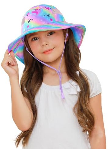 Unicorn Castle Kinder Sonnenhut Sommerhut Mädchen Jungen mit Breiter Krempe Fischerhut Breite Krempe Verstellbare Strandkappe,Rainbow