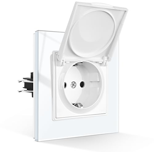 CNBINGO Enchufe impermeable con tapa abatible, enchufe Schuko empotrado con garras, enchufe individual con tapa, enchufe de pared de cristal blanco, 1 compartimento, 16 A, 250 V
