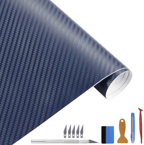 Carbon Autofolie Matt blau Mit Einbauwerkzeug, 30 x 300 cm Selbstklebend 3D Car Wrapping Blasenfrei Vinyl Folie, Carbonfolie Lackschutzfolien für Auto Motorrad DIY