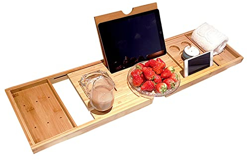 Badewannen-Caddy-Tablett für Luxus-Badewanne, erweiterbares Bambus-Badewannen-Tablett für die Badewanne mit Leseständer oder Tablet-Halter, Badewannen-Tisch-Caddy mit Weinglasschlitz