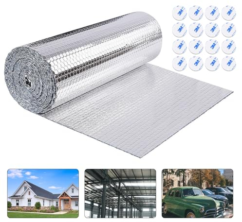 Rotolo isolante in alluminio, doppio lato, pellicola a bolle di alluminio, isolamento riflettente, buon isolamento termico con 16 adesivi bifacciali (120 cm x 3 m)