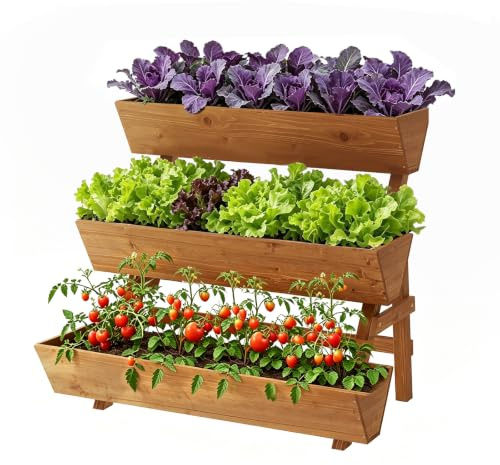 Vertical Garden Planter 3 Tier Raised Garden Bed Wood Herb Tiered Planter | Wood Planter Box Gardening Outdoor Patio Kit Tiered Planter Box vegetable for Patio Balcony Freestanding (Brown, Large)