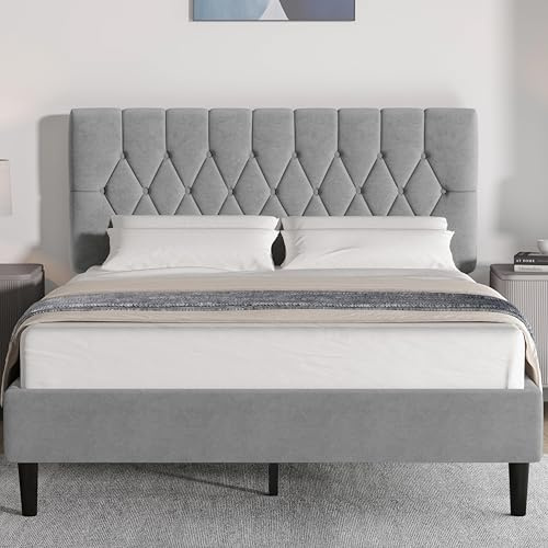 Blisswood King Size Bed Frame, Noise-Free Upholstered Platform Bed With Chesterfield Design Tufted Adjustable Headboard & Under Bed Storage,Velvet Fabric/Sturdy Wooden Slats Support (Light Grey)