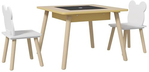 AIYAPLAY - Juego de 1 mesa y 2 sillas de 3 piezas para niños, con bandeja reversible, espacio de almacenamiento, madera natural