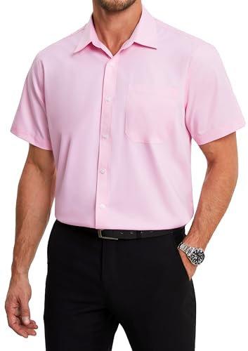 HISDERN Chemise Homme Manches Courtes Été Décontractée Chemises Rose en Fibre de Bambou Costume Homme Business Chemisette Formel Régulières pour Les Mariage 2XL