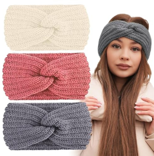 WUSJCOF 3 Pcs Bandeau Fille Enfant, Bandeau Femme Hiver Tricoté, Bandeaux Tricot, Serre-Tête Cache-Oreilles Élastique, Polyvalent Automne et Hiver (Beige + Gris + Rose)