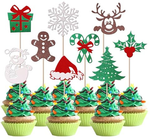 Xsstarmi 36 Packung Frohe Weihnachten Cupcake Toppers Glitzer Weihnachtsmann Cupcake Picks Weihnachtsbaum Schneemann Kuchendekoration für Weihnachten Neujahr Feiertag Geburtstag Partyzubehör