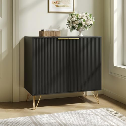Sscaktu Fluted Storage Cabinet, 2 Doors Sideboard Buffet Cabinet, Modern Wood Accent Cabinet with Adjustable Shelves, Console Table for Living Room, Hallway, Entryway, Black