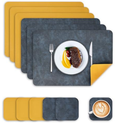 Placemats and Coasters Set of 6, PU Leather Heat-Resistant Table Mats Dual-Sided Waterproof Washable Non-Slip Place Mats for Kitchen Table (Blue Yellow)