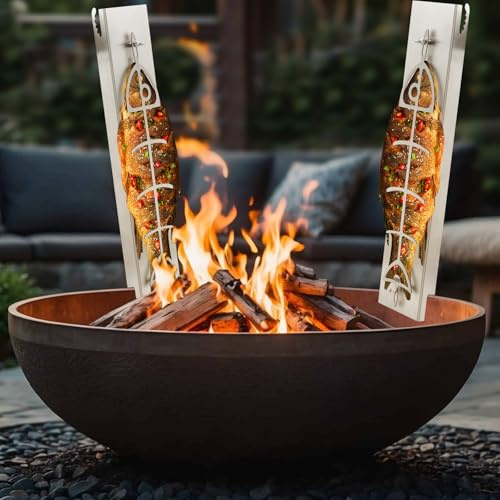 wowspeed Flammlachsbrett Edelstahl, Flammlachsbrett für Feuerschale und Kugelgrill, 58.5 x 13 cm, 180° drehbar & 5 rutschfeste Kippwinkel, Lachsbretter zum Grillen Feuerschale